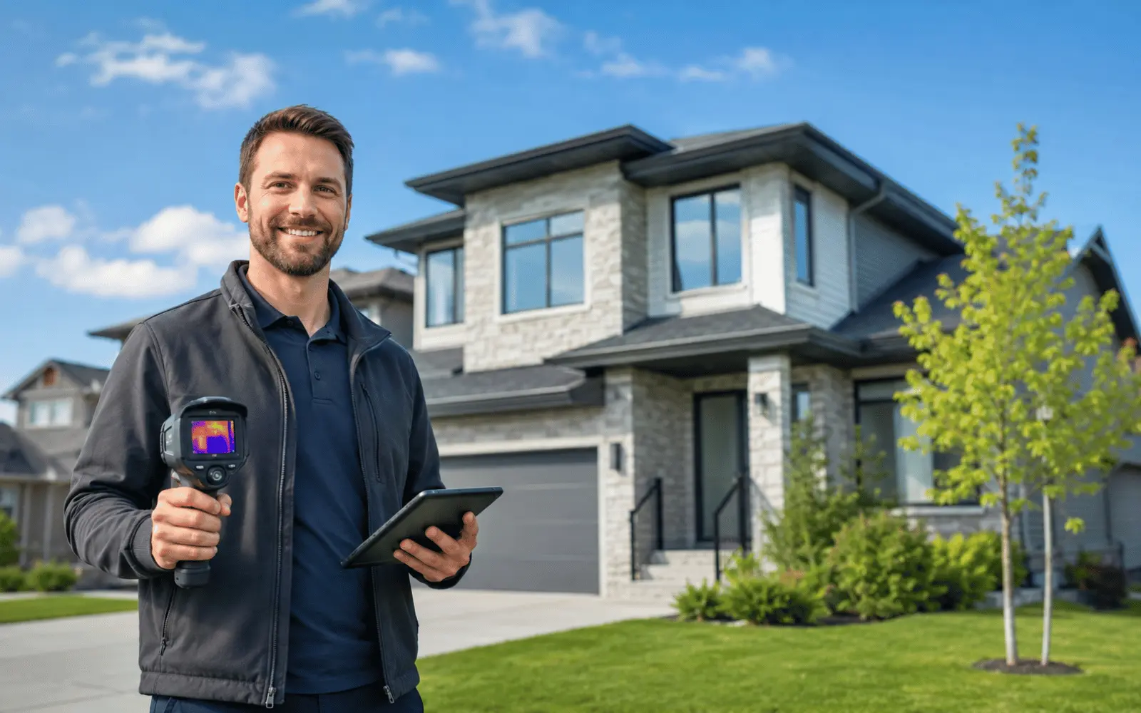 Professional home energy advisor holding a thermal imaging device in front of a modern Canadian home