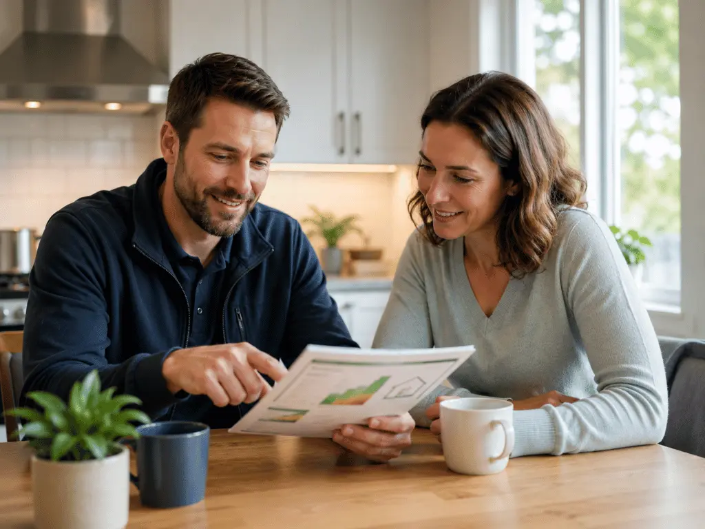 Energy advisor reviewing an energy report with a homeowner at a kitchen table in a bright modern home
