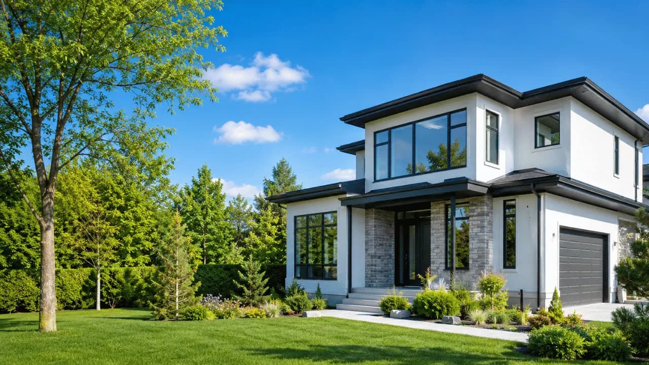 Modern energy-efficient Canadian home with green landscaping under a clear blue sky