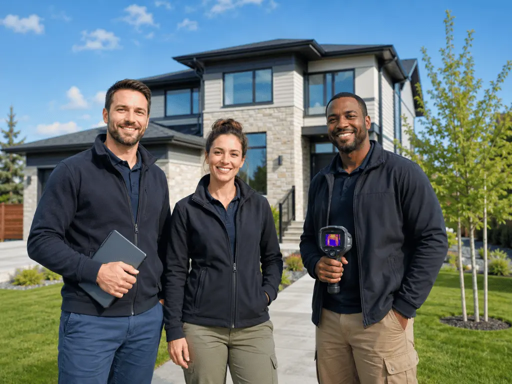Professional team of energy advisors outside a modern Canadian home on a bright day