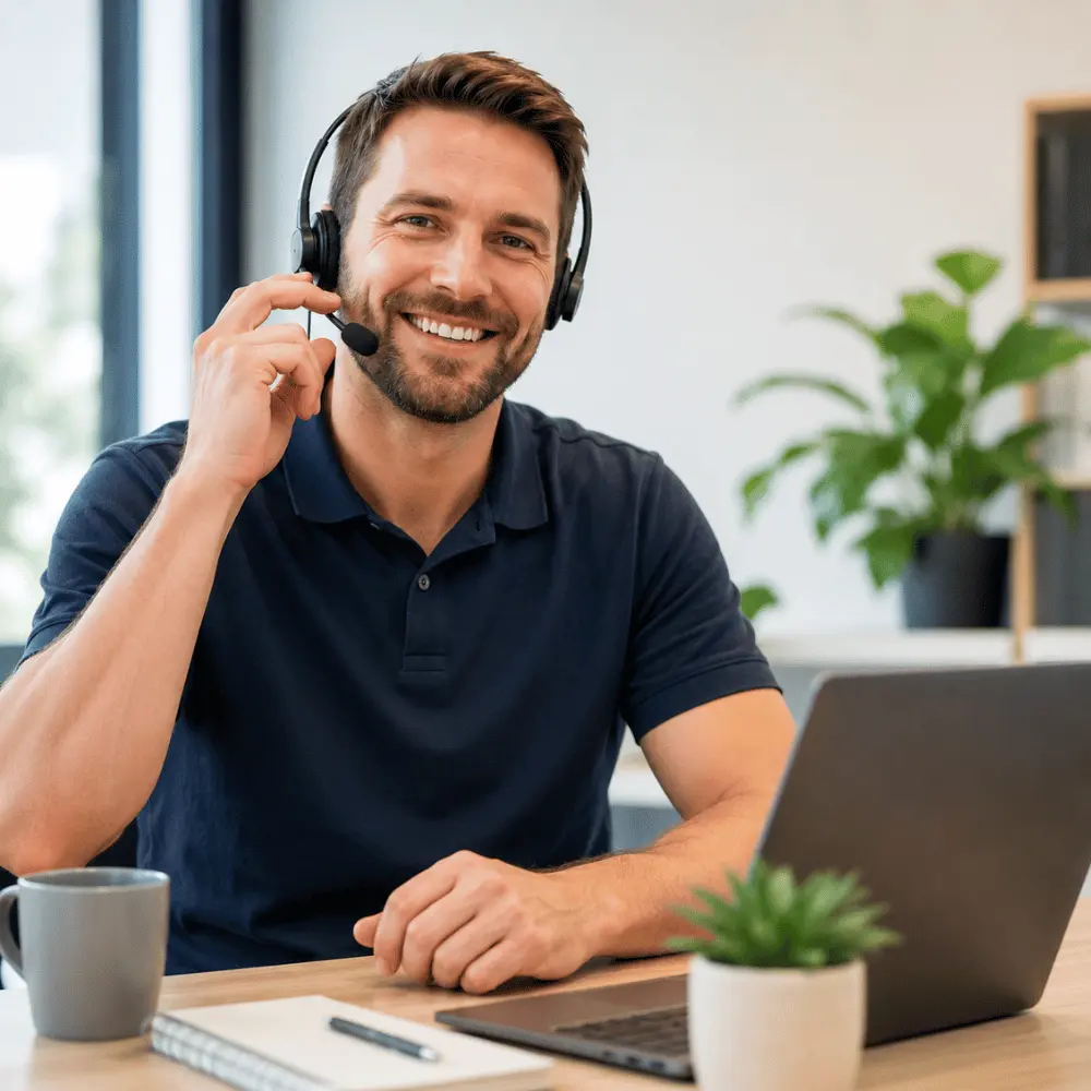Friendly EcoNorth energy advisor ready to help by phone in a bright modern office