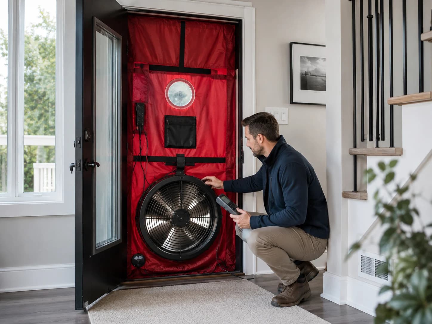 Blower door airtightness test with a red fabric panel and fan fitted into a home’s exterior doorway