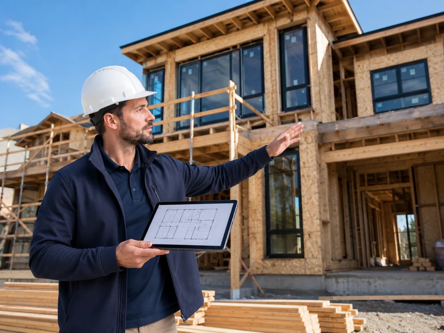 Professional in a hard hat reviewing building plans on a tablet at a modern Canadian home construction site
