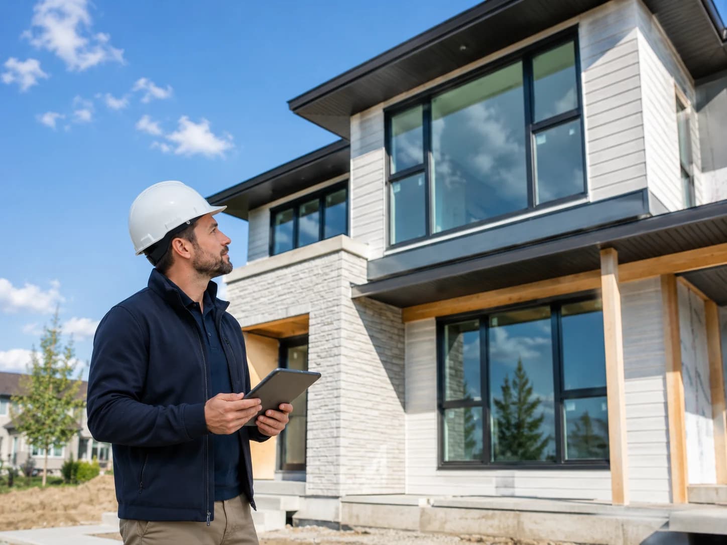 Advisor inspecting a brand-new modern Canadian home under construction with energy-efficient windows