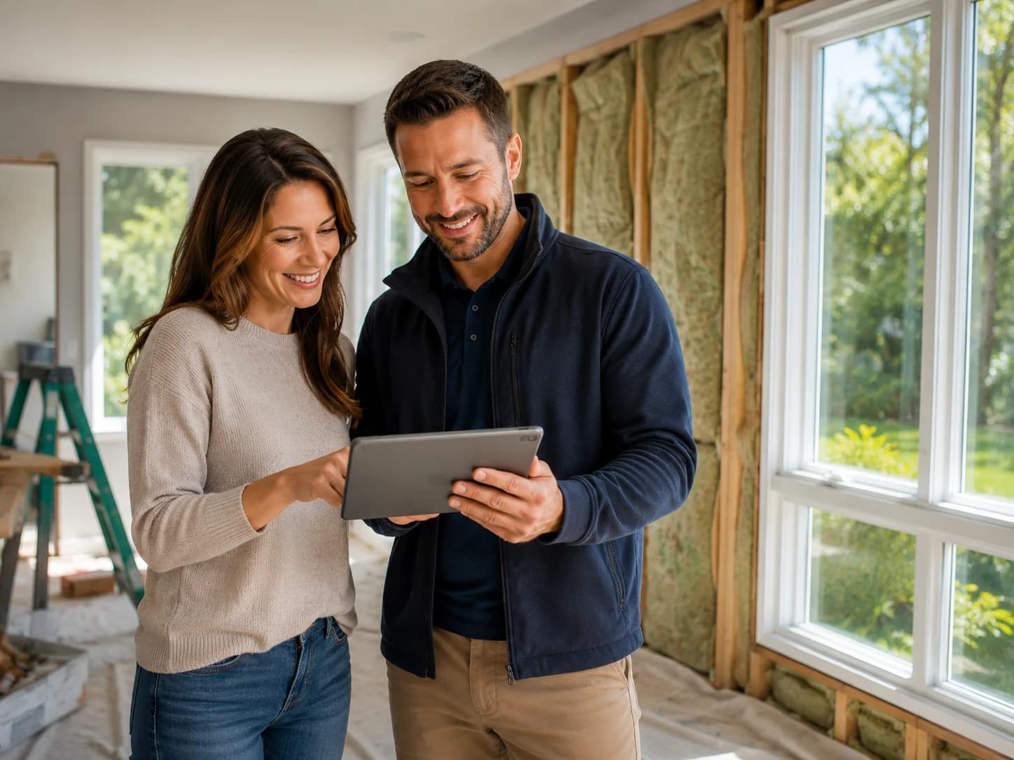 Homeowner and advisor smiling while reviewing a tablet in a bright, partially renovated modern home
