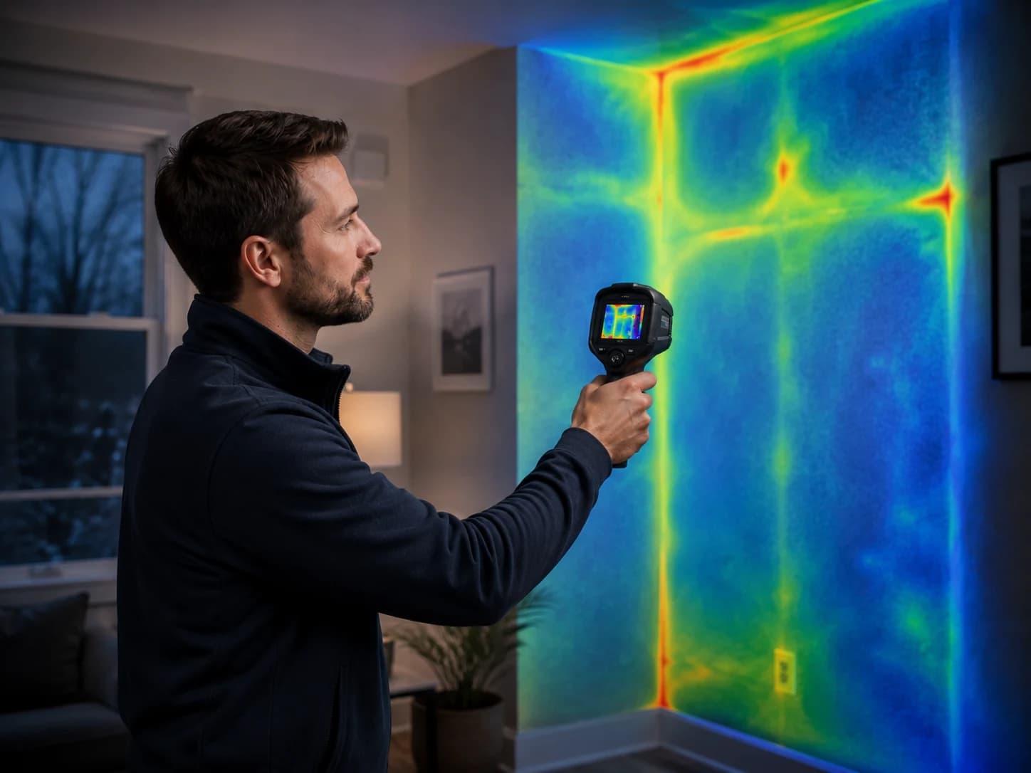 Energy advisor pointing a handheld thermal imaging camera at an interior wall with an infrared heat-map glow